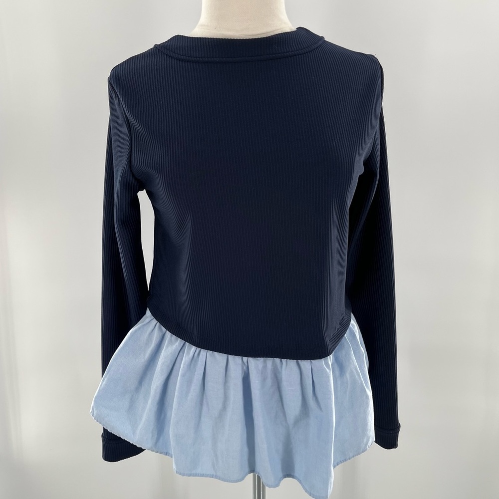 Peplum Top Ruffle Long Sleeve Shirt Navy Light Blue